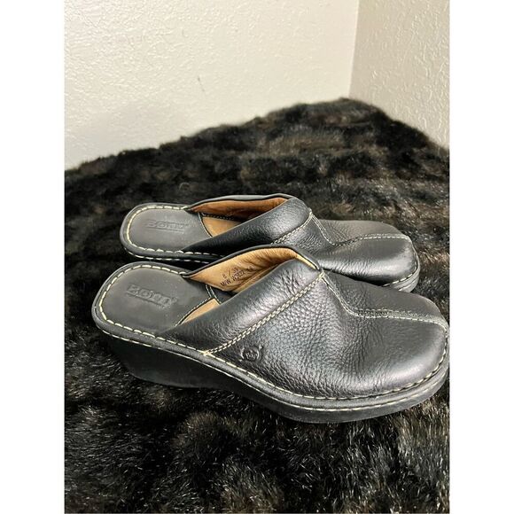 Size 8 Born womens black leather platform slip on clog - Picture 1 of 5